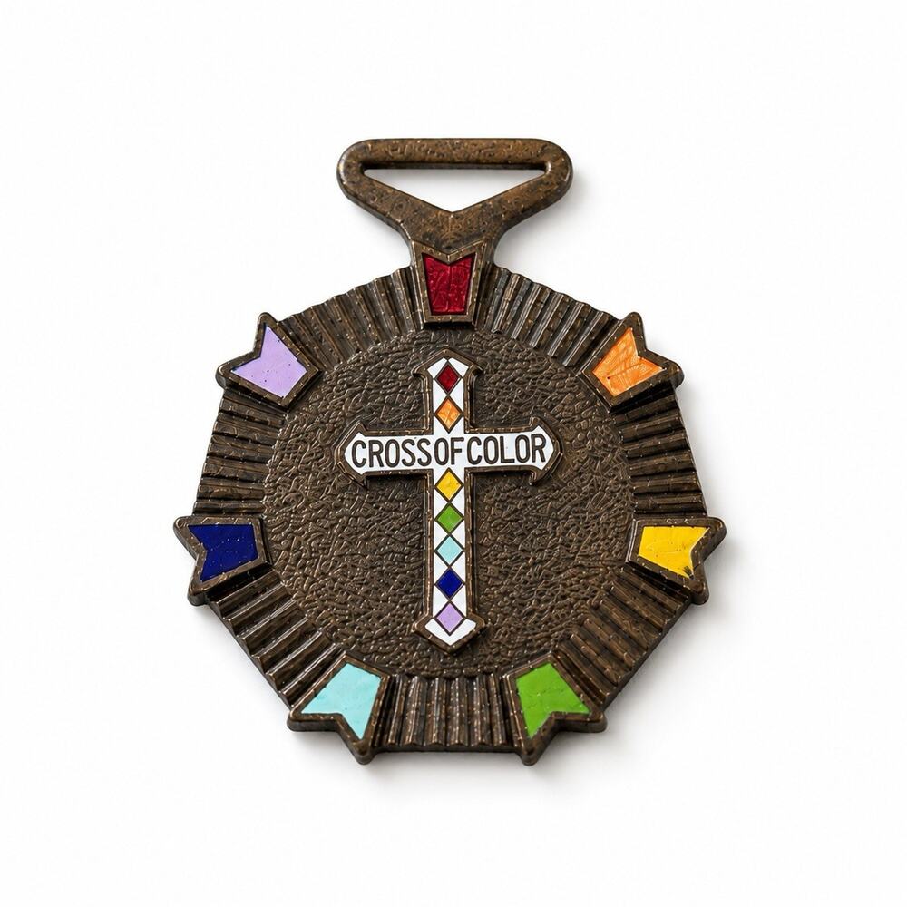 Vintage Cross of Color Enamel Religious Medal Pendant Charm Multicolor Christian